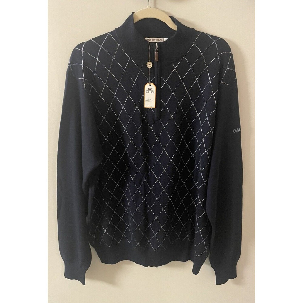 Peter Millar Mens 1/4 Zip Sweater 100% Merino Wool Pullover Navy L NWT LOGO $225
